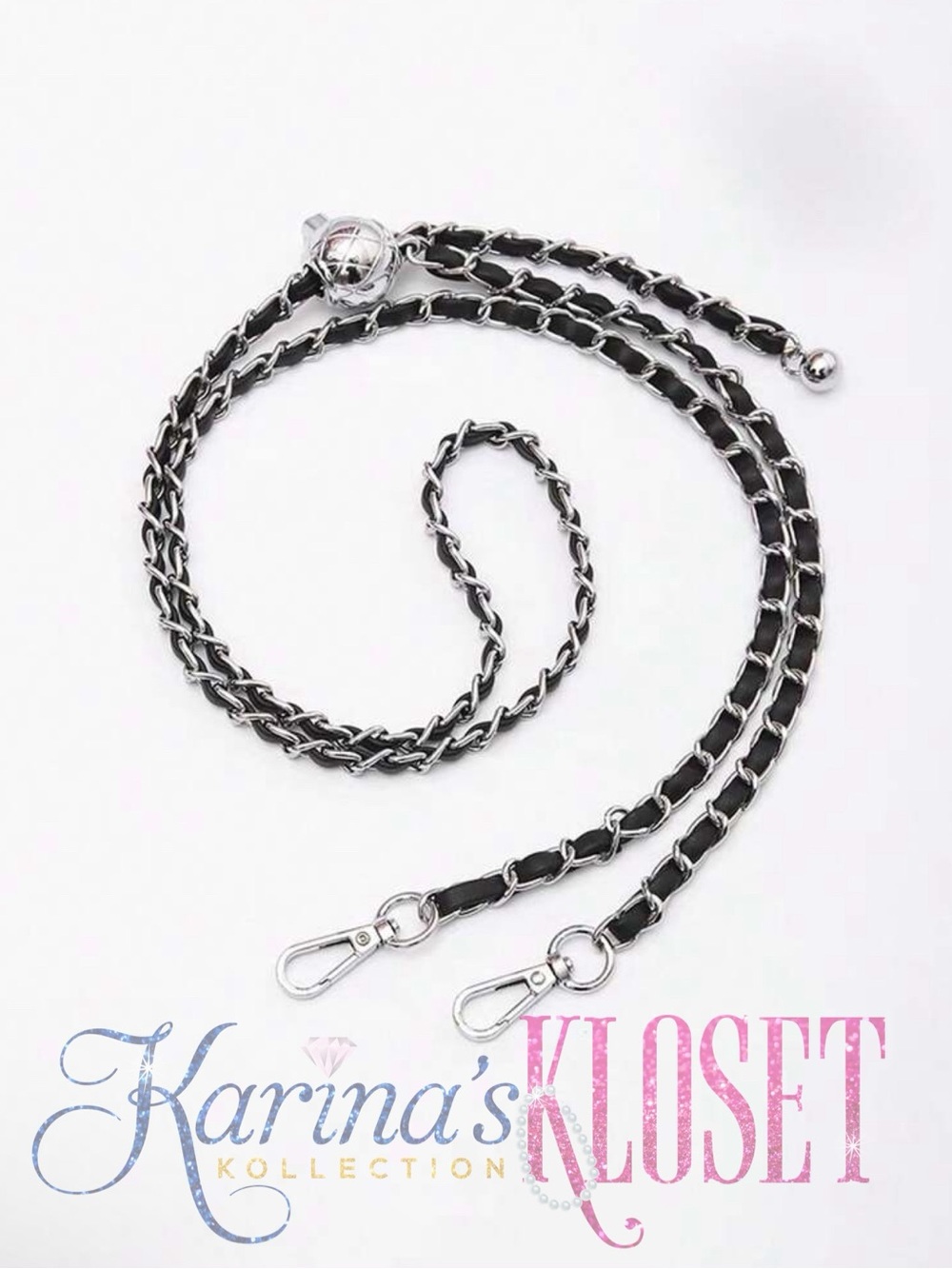 Adjustable Purse Strap, Leather Woven Chain, Silver & Black Vegan Leather